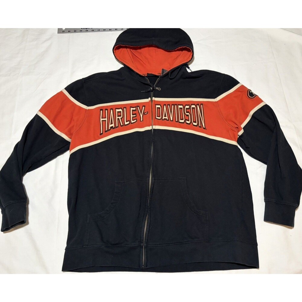 VTG Harley Davidson HD Racing Full Zip Hoodie Sweatshirt Black Embroidered 2XL